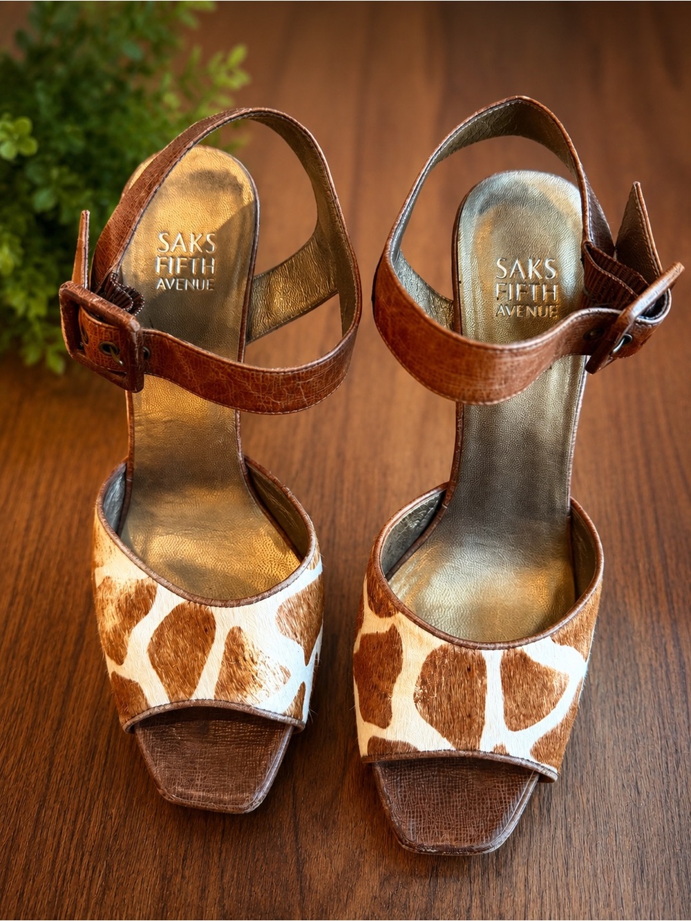 Saks Fifth Avenue Brown and Cream Giraffe-Print Ankle-Strap Heels
